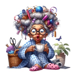 15 PNG Crafty Grandma – Divertente clipart PNG di una signora anziana con i capelli da cucito – Arte di personaggi stravaganti per artigiani, pianificatori e diari