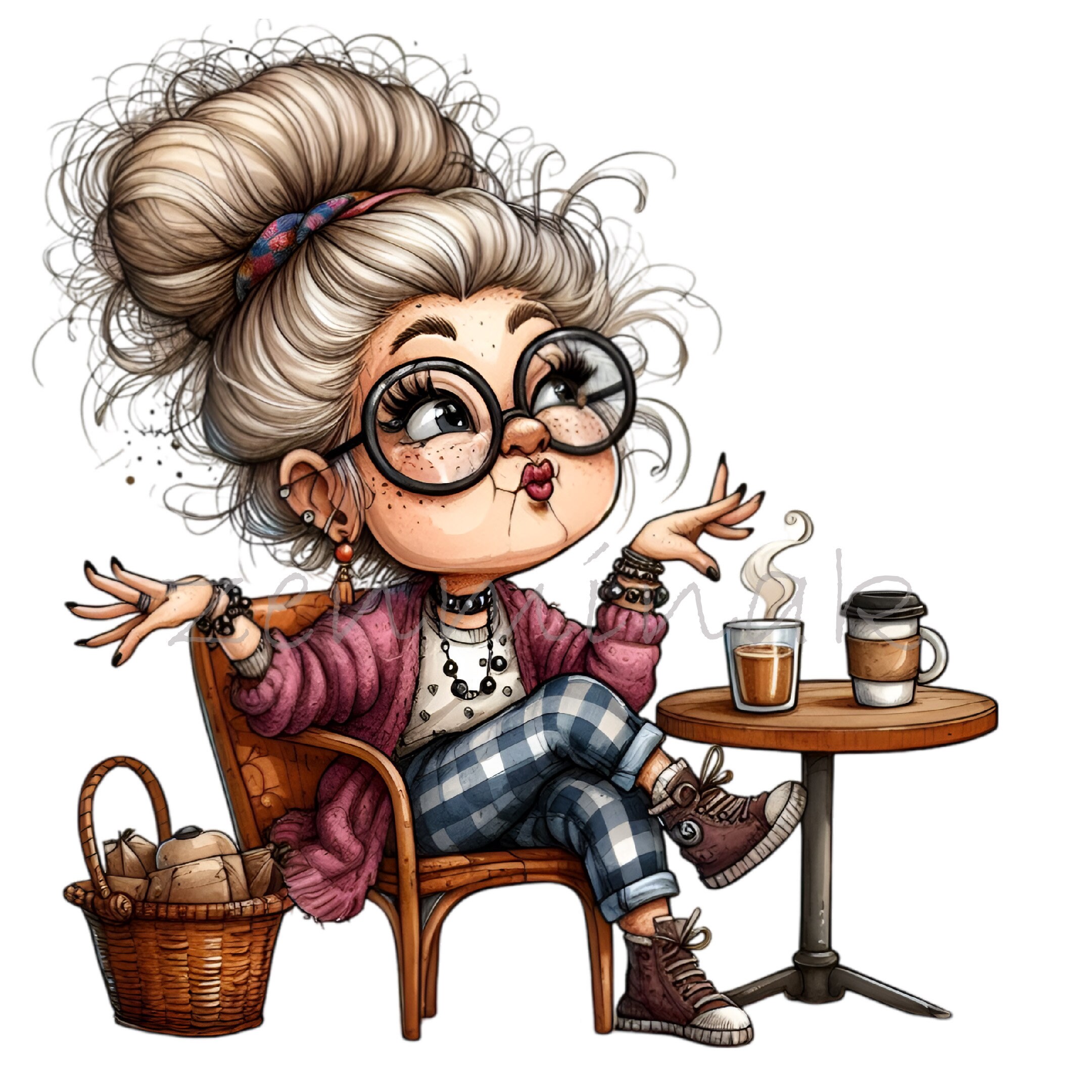 Senior Lady Drinking Coffee 14 PNG Funny Comics Fashion Grandma Cartoon ...