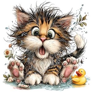 10 PNG divertenti gatti PNG Clipart – Download digitale di un simpatico gattino bagnato per lavoretti per bambini, scrapbooking, biglietti di compleanno e regali fai da te per gli amanti degli animali.