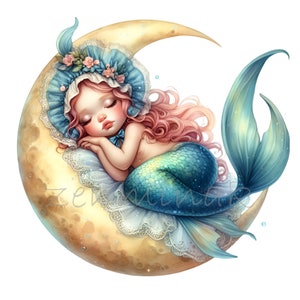 12 PNG Clipart de Bebê Sereia Dormindo na Lua, Fantasia PNG Fofa, Arte de Berçário com Oceano Sonhador, Ilustração de Bebê Sereia, Download em Pastel Suave