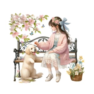 15 imágenes prediseñadas de niña primaveral con cachorro, linda ilustración de banco vintage, arte de escena de flores y mariposas, descarga digital
