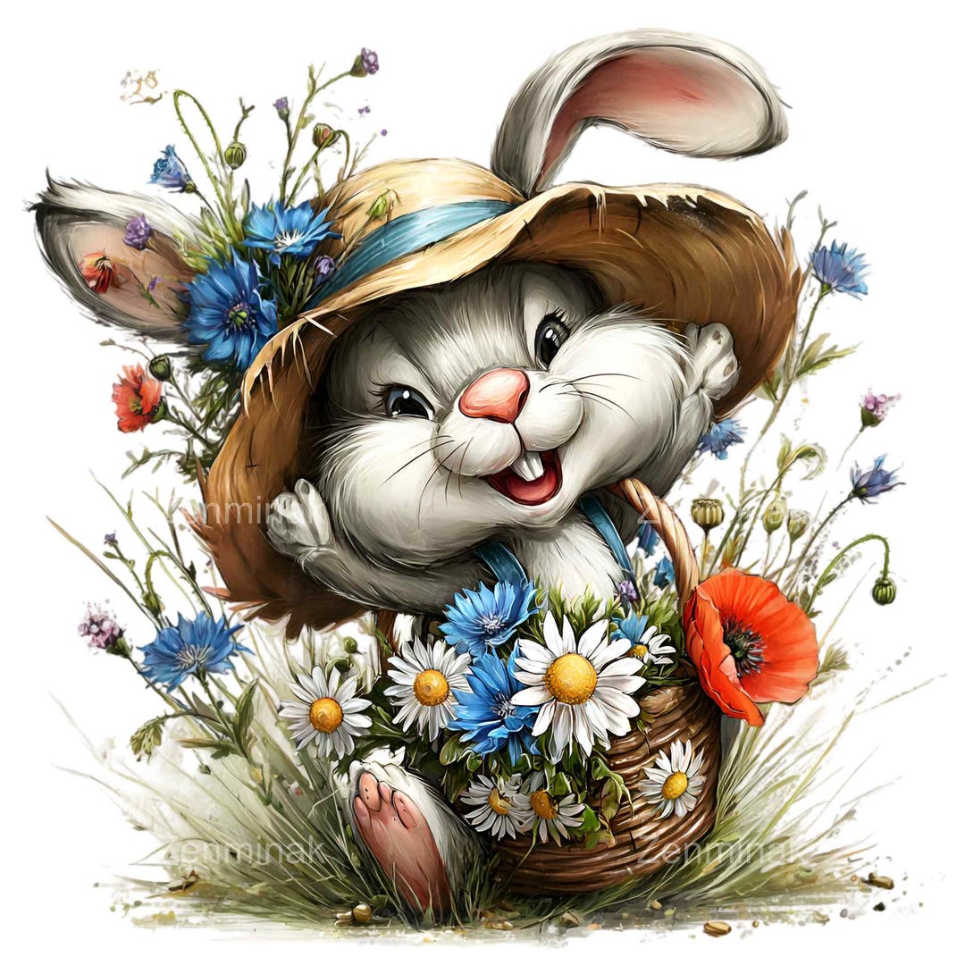 15 PNG Happy Bunny With Flower Basket Clipart – Cute Spring Rabbit in ...