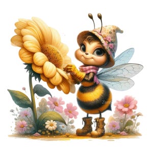 14 süße Hummel PNG mit Sonnenblume Clipart PNG, wunderliche Gartenfigur, entzückende Insekt Digital Art