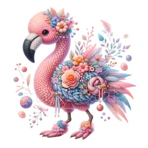 ピンクフラミンゴのデジタルアート PNG - 羽とパステルカラーのアクセントが付いた 10 種類の詳細な花のデザイン