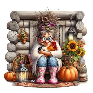 12 divertenti PNG clipart autunnali nonna scontrosa con pollo, girasoli, zucche, lanterna, scena autunnale rustica del portico