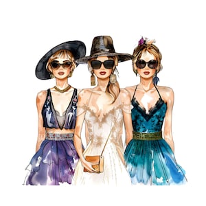 18 PNG Eleganti signore alla moda Clipart PNG, Trio glamour in abiti e occhiali da sole, Stile haute couture, Illustrazione di donne eleganti