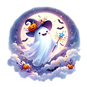10 graziosi clipart PNG di fantasmi con bacchetta magica e cappello di zucca, illustrazione magica di Halloween, arte di scena lunare spettrale