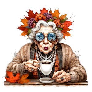 9 Clipart PNG grand-mère drôle, vieille dame buvant du café, art de la Couronne de feuilles d'automne, Illustration de grand-mère automne originale, humour vintage PNG