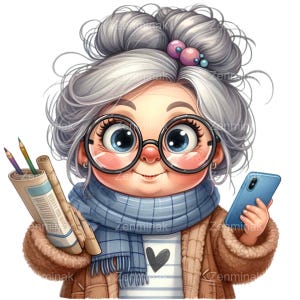 May include: A cartoon illustration of a grandmother with grey hair, wearing glasses, a blue and white scarf, a brown jacket, and a white shirt with a black heart. She is holding a rolled up piece of paper and a blue smartphone.