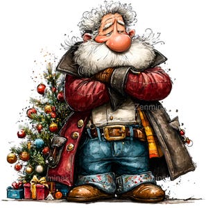 Könnte beinhalten: Eine skurrile Illustration einer Santa Claus-ähnlichen Figur mit langem weißem Bart, rotem Mantel, blauer Jeans und braunen Stiefeln. Ein kleiner Weihnachtsbaum mit Ornamenten und verpackten Geschenken befindet sich links. Die Figur hat einen traurigen Gesichtsausdruck.
