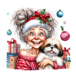 Abuela navideña con cachorro Clipart 15 PNG - Adorable abuela de dibujos animados con gorro de Papá Noel con perro, ilustración navideña caprichosa