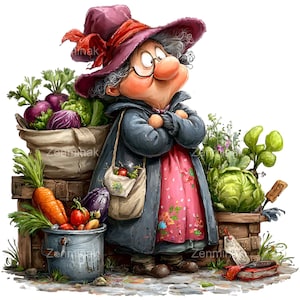 Könnte beinhalten: Eine skurrile Illustration einer Zeichentrickfigur, einer alten Frau mit großem Hut und Brille, umgeben von frischem Gemüse. Karotten, Rüben und Kohl sind sichtbar. Die Frau trägt einen Mantel und eine Schürze mit einer Tragetasche.