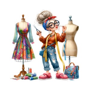 12 Engraçado costureira avó PNG, senhora idosa com tesoura e fita métrica, vestido colorido em manequim clipart art