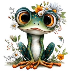 May include: A whimsical illustration of a frog with large, expressive eyes and a floral crown. The frog is primarily green with orange accents and is surrounded by daisies and other wildflowers. The artwork has a cartoonish style.