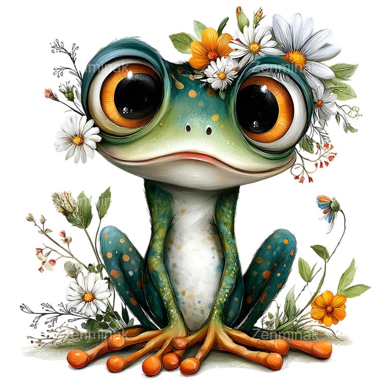 May include: A whimsical illustration of a frog with large, expressive eyes and a floral crown. The frog is primarily green with orange accents and is surrounded by daisies and other wildflowers. The artwork has a cartoonish style.