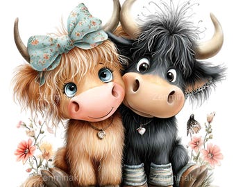 15 PNG Highland Cow Couple, Floral Horned Cattle Farm Animal