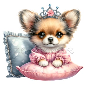 10 PNG Princess Puppy – Cute Dog PNG Clipart with Crown on Pillows – Adorable Pet Art for Kids Crafts, Nursery Decor and Stickers