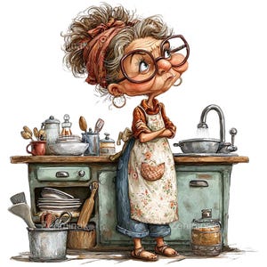19 PNG Rolig Mormor Kök Clipart – Tecknad Hemmafru PNG Illustration för Scrapbooking, Receptkort, Bondgårdsinredning, Hantverksprojekt
