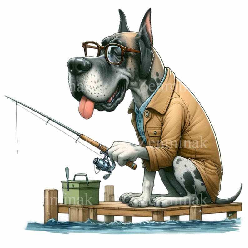 Great Dane Fishing PNG, 10 Cute Dog With Hat and Fishing Rod Sitting on