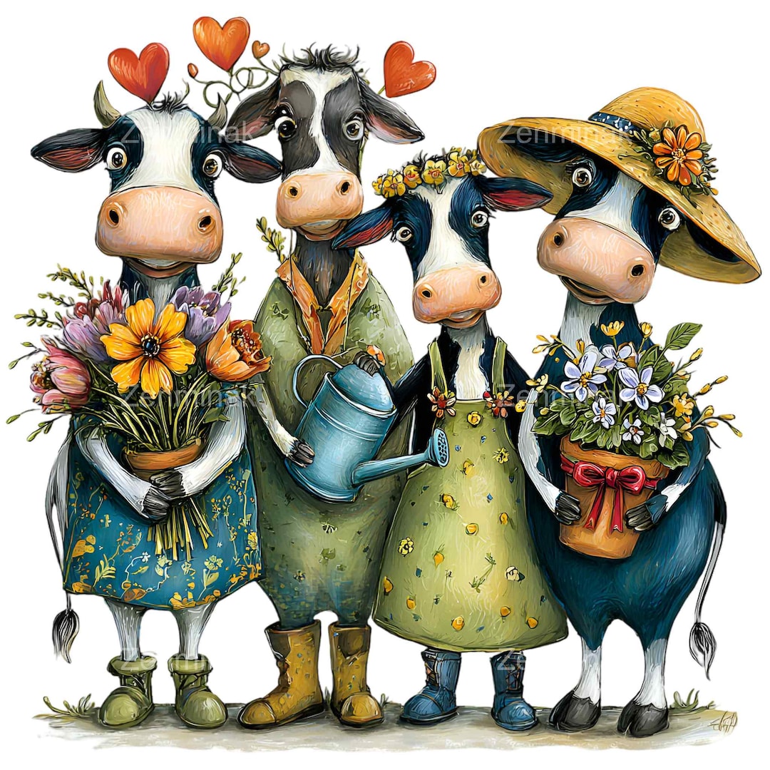14 PNG Whimsical Cow Garden Friends Clipart, Spring Floral Farm Animal ...