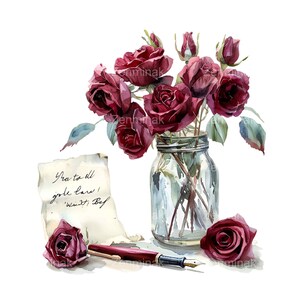 26 rosas románticas PNG clipart, ilustración de carta de amor vintage con bolígrafo, ramo floral en tarro
