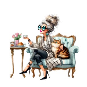 Dame de la mode PNG 22 avec chat PNG Clipart, Illustration élégante de femme âgée, Art de fauteuil vintage tea time, téléchargement numérique