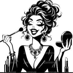 Puede incluir: Ilustración en blanco y negro de una mujer maquillándose. Lleva pendientes grandes, un collar y un vestido escotado. Sostiene un pincel de maquillaje y un espejo compacto. Se ven tubos de lápiz labial.