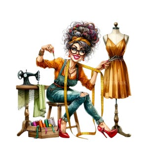 12 clipart PNG tailleur drôle, femme âgée souriante avec ruban à mesurer, robe orange sur mannequin et art outils de couture