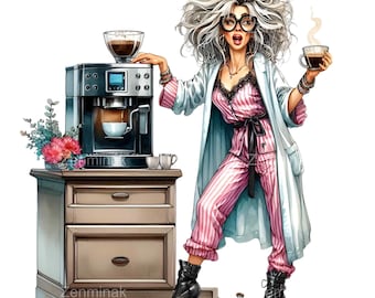 16 PNG Morning Coffee Lady Clipart – Funny Woman with Pajamas and Coffee Machine for Humor Cards and DIY Craft Projects