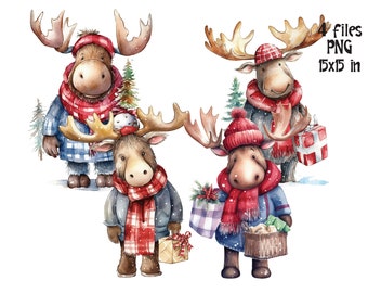 Elch Weihnachten Clipart PNG Aquarell Waldtiere Illustration Sublimation Digitale Downloads