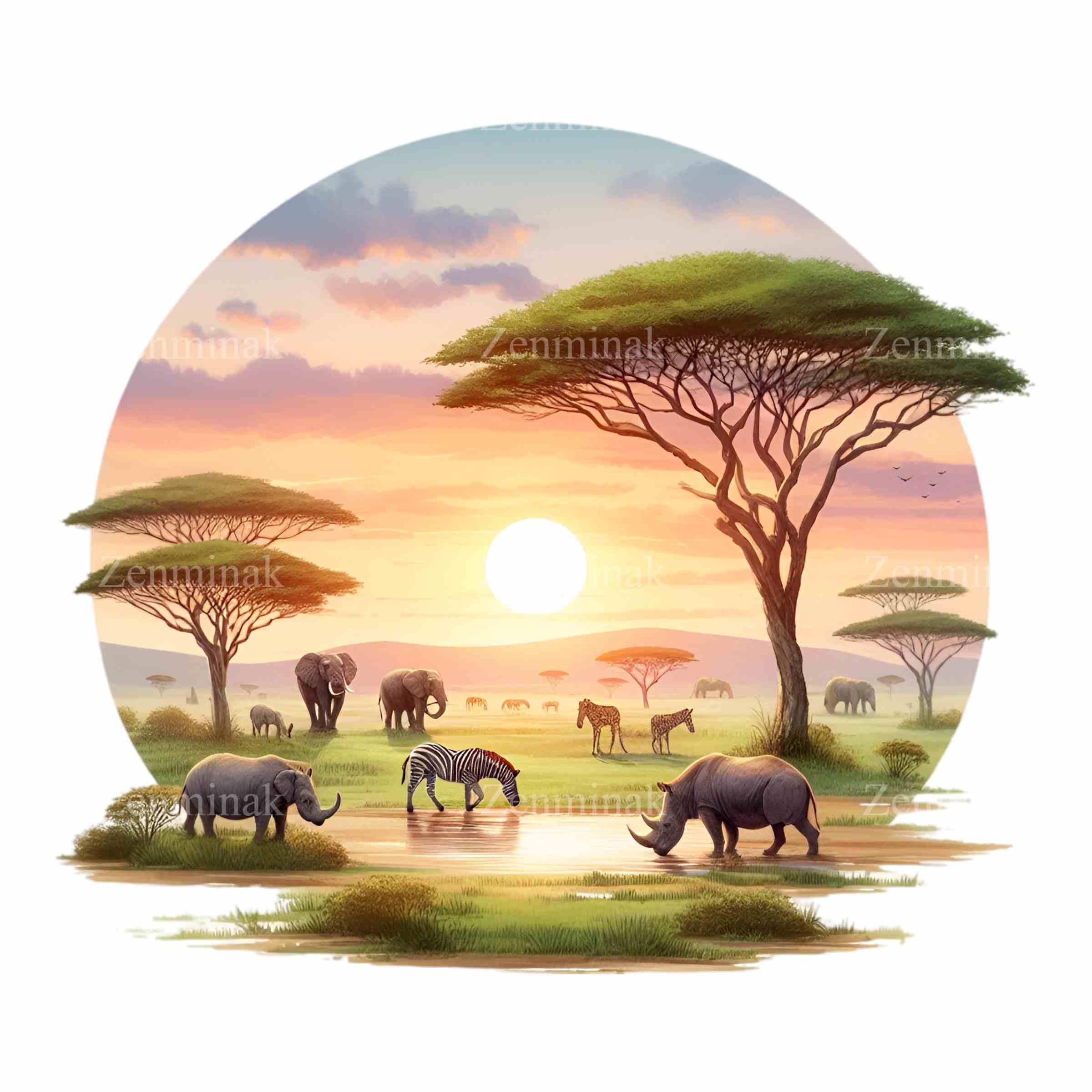 10 imágenes PNG de animales de safari africano: imágenes prediseñadas de  vida silvestre de la sabana al atardecer con elefantes, cebras, jirafas y  rinocerontes para arte mural y diseños de sublimación. -, image size:2400x2400