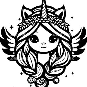 7 SVG Kawaii Unicorn Princess SVG – Ragazza carina con ali, corno e trecce – Clipart magico per Cricut Kids Crafts e decorazioni