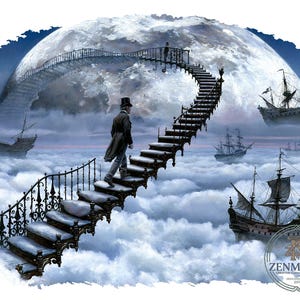 Peut inclure: Une illustration numérique montrant une personne en haut-de-forme et long manteau montant un escalier noir incurvé et orné menant vers une grande lune brillante. Plusieurs voiliers flottent parmi des nuages blancs épais. Le texte indique ZENMINAK.