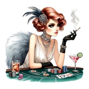 14 anni '20 Glamour Casino Lady PNG - Scena di gioco d'azzardo Art Deco vintage - Roaring Twenties Digital Clip Art