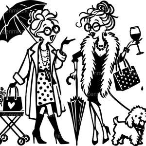 6 SVG Elegant Women with Dog SVG Cut File, Funny Cartoon Ladies in Heels with Wine, Umbrella, Purse & Fluffy Pup Clipart
