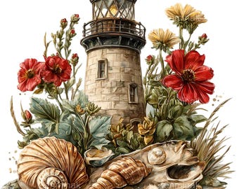 15 PNG Lighthouse Coastal Clipart, Nautical Seashell, Beach House Floral Illustration