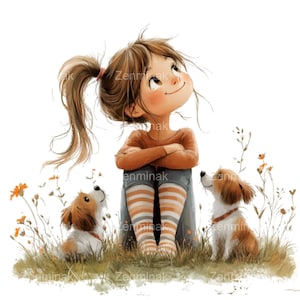 Linda niña con cachorros PNG Clipart, 10 ilustraciones extravagantes de niños y perros para niños, arte digital para manualidades y decoración