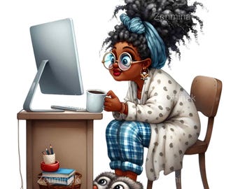 22 PNG Funny Tech Granny Clipart – Senior Woman with Coffee (Digital Download)