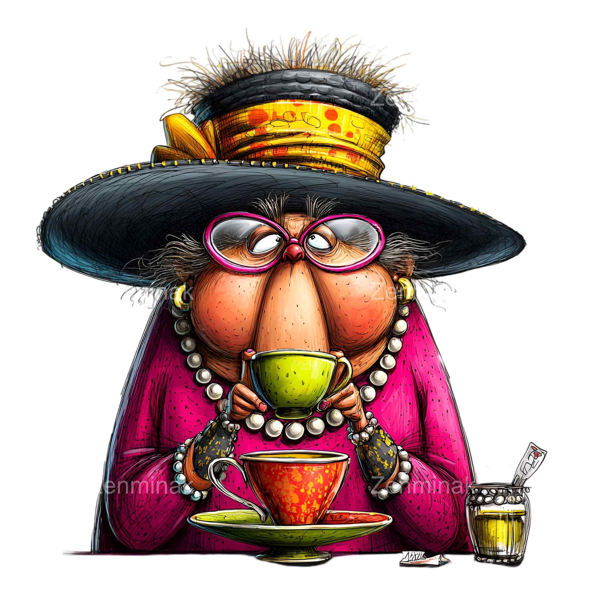 Grumpy For Tea 14 PNG Funny Tea Lady Clipart – Grumpy Senior With Big Hat, Coffee Mug ...