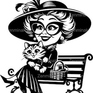 6 elegante oma gesneden SVG-bestand, vintage dame met kat clipart, stijlvolle senior op bankje silhouet, retro vrouw digitale kunst