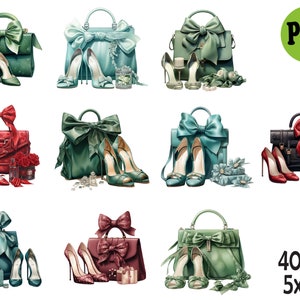 May include: Set of 10 digital illustrations of green, blue, and red handbags with bows and high heels. The handbags are decorated with flowers and other embellishments. The illustrations are 5x5 inches and there are 40 files in total.
