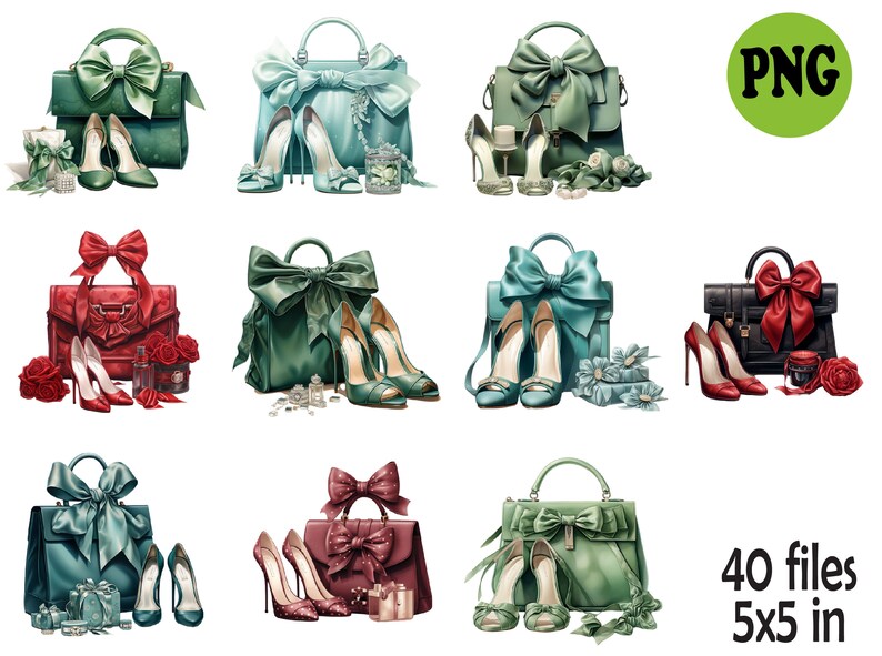 May include: Set of 10 digital illustrations of green, blue, and red handbags with bows and high heels. The handbags are decorated with flowers and other embellishments. The illustrations are 5x5 inches and there are 40 files in total.