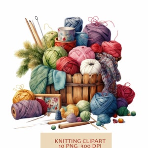 Illustration de clipart tricot aquarelle, 10 PNG, décoration de Noël, sublimation de tricot de Noël, pelote de laine