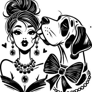 7 SVG elegante vrouw met hond SVG, meisje en grote puppy met strik en sieraden gesneden bestand voor Cricut Silhouette Crafting