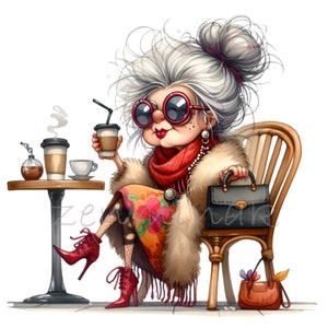 Senior Lady Drinking Coffee 14 png grappige strips mode oma cartoon illustratie clipart, sublimatie afdrukbare illustratie