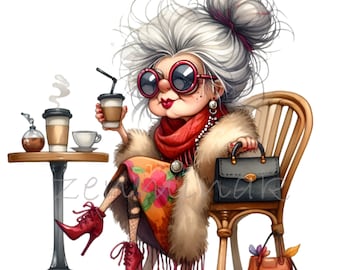 Senior Lady Drinking Coffee 14 PNG Funny Comics Fashion Grandma Cartoon illustration clipart , Sublimation Printable Illustration