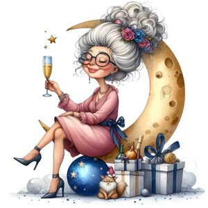 10 elegante oma png-clipart, dame op maan met champagne, geschenkverpakkingen en kat, grillige nachtviering, feestscène
