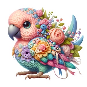 10 かぎ針編みのオウム PNG クリップ アート、花の糸の鳥のイラスト、かわいい手作り工芸品のデジタル画像