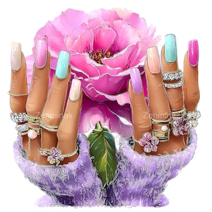 May include: Illustration of hands with long, colorful nails and multiple rings, holding a large pink flower. The nails are painted in shades of pink, blue, and nude. The rings feature pearls and floral designs. The hands are covered in a purple sweater.