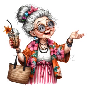 16 PNG Grandma Iced Coffee Clipart, Senior Beach Summer Lady - Etsy